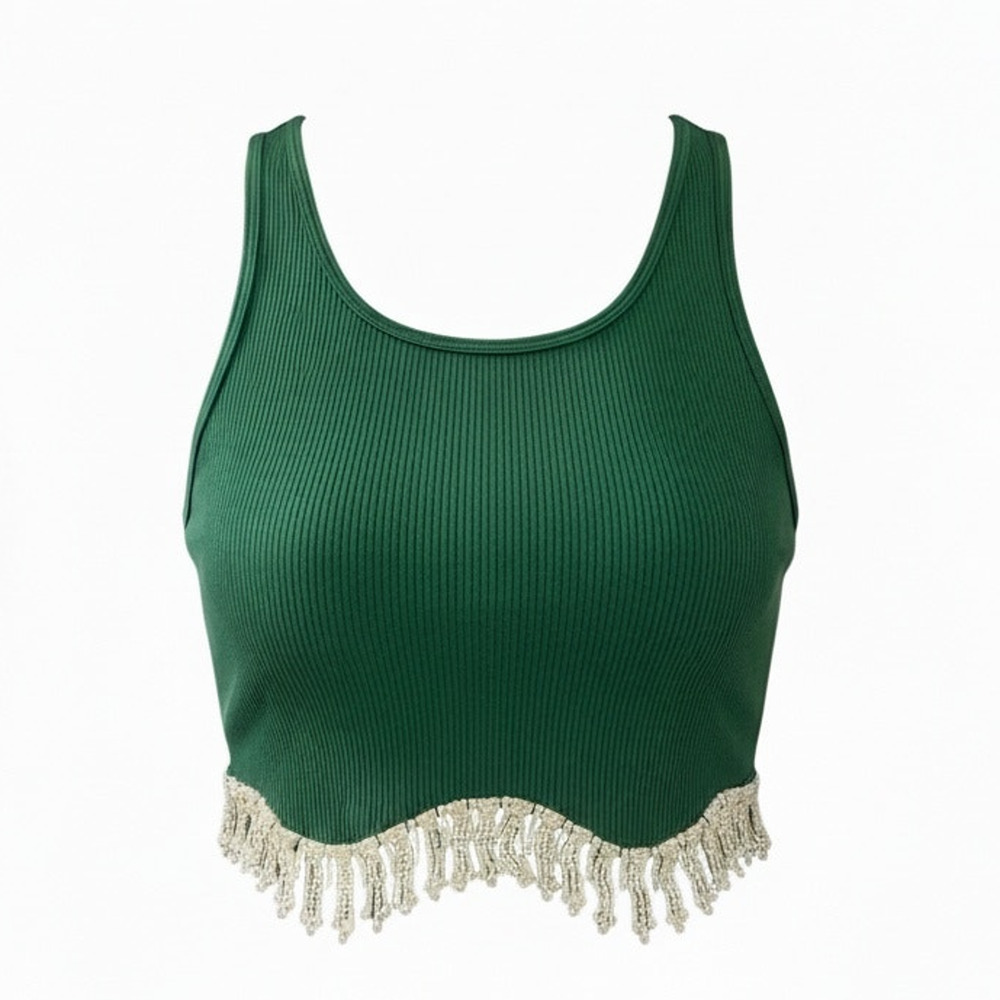 NWT Sincerely Jules Tank Top Womens L Green Cropped Rhinestone Fringe Hem‎